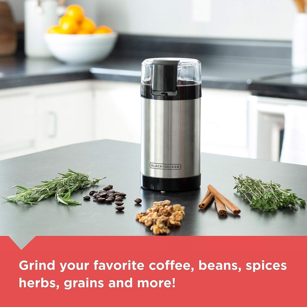 BLACK+DECKER Grinder One Touch Push-Button Control, 2/3 Cup Coffee Bean Capacity, Stainless Steel