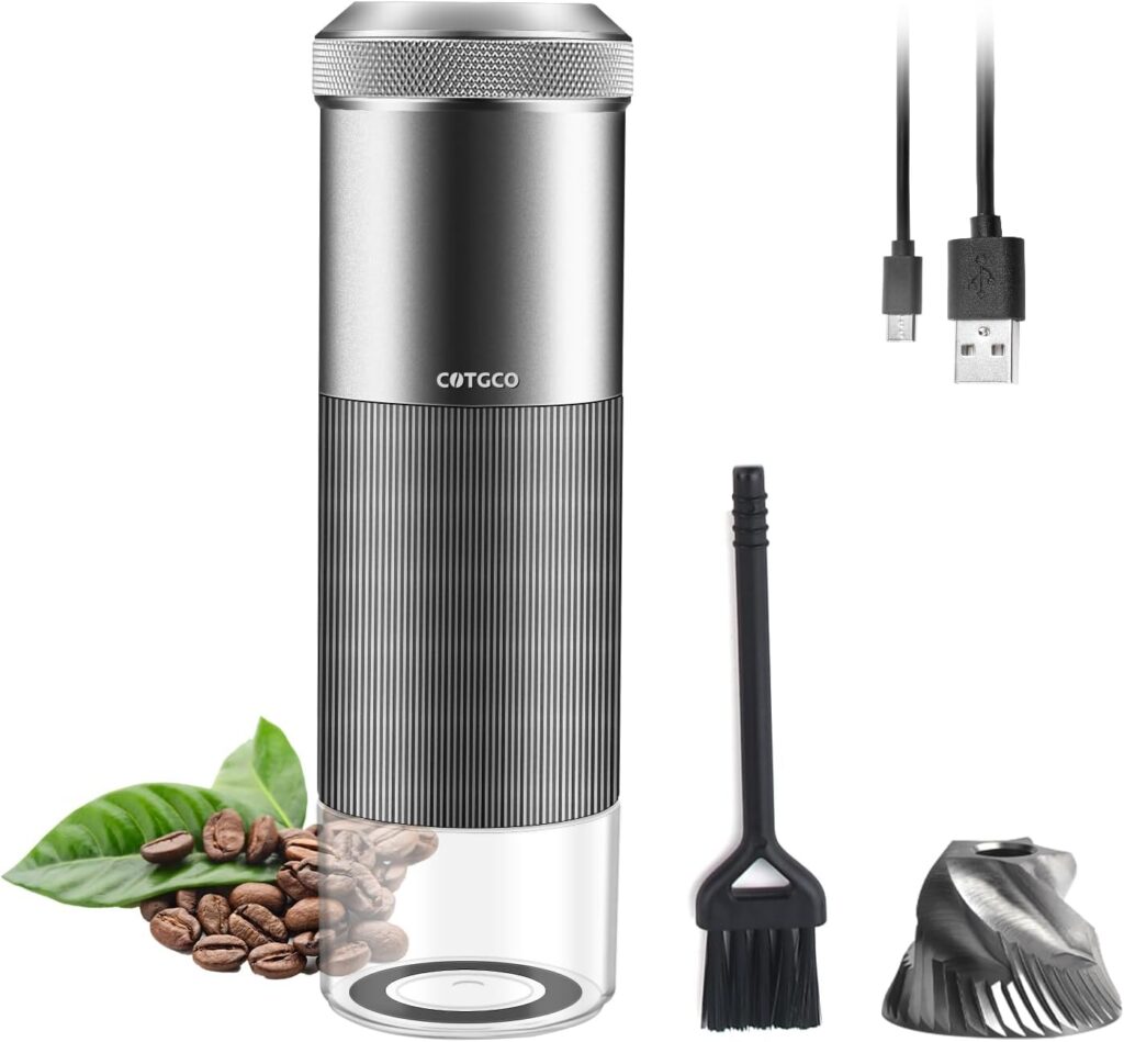 Coffee Grinder Electric Burr Portable: COTGCO Small Espresso Bean Mill with Conical Burr - Adjustable  Rechargeable Battery - Extra Fine to Extra Coarse (Silver-1)