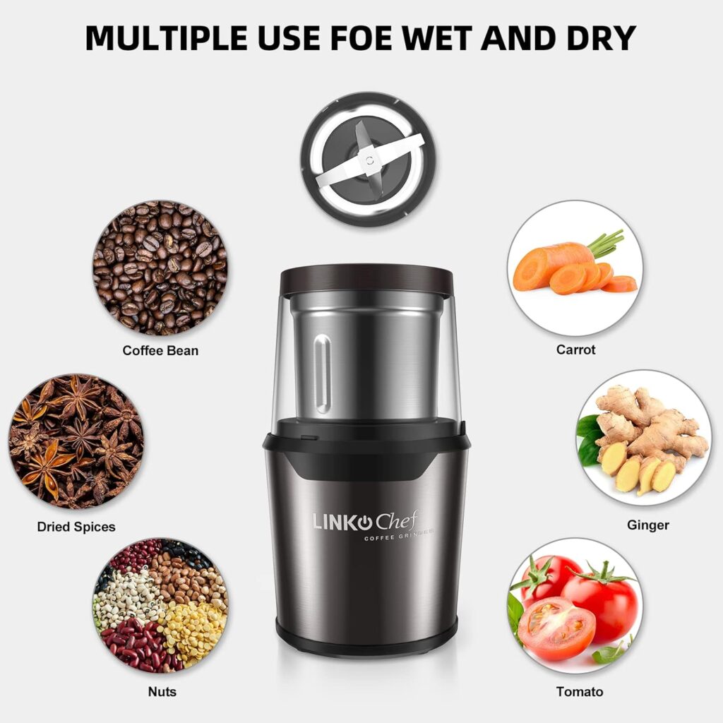 Coffee Grinder with Brush, LINKChef 200W Spice Grinder with Stainless Steel Blade for Seed Bean Nut Herb Pepper  Grain, Lid Activated Safety Switch, Brown, CG-8420