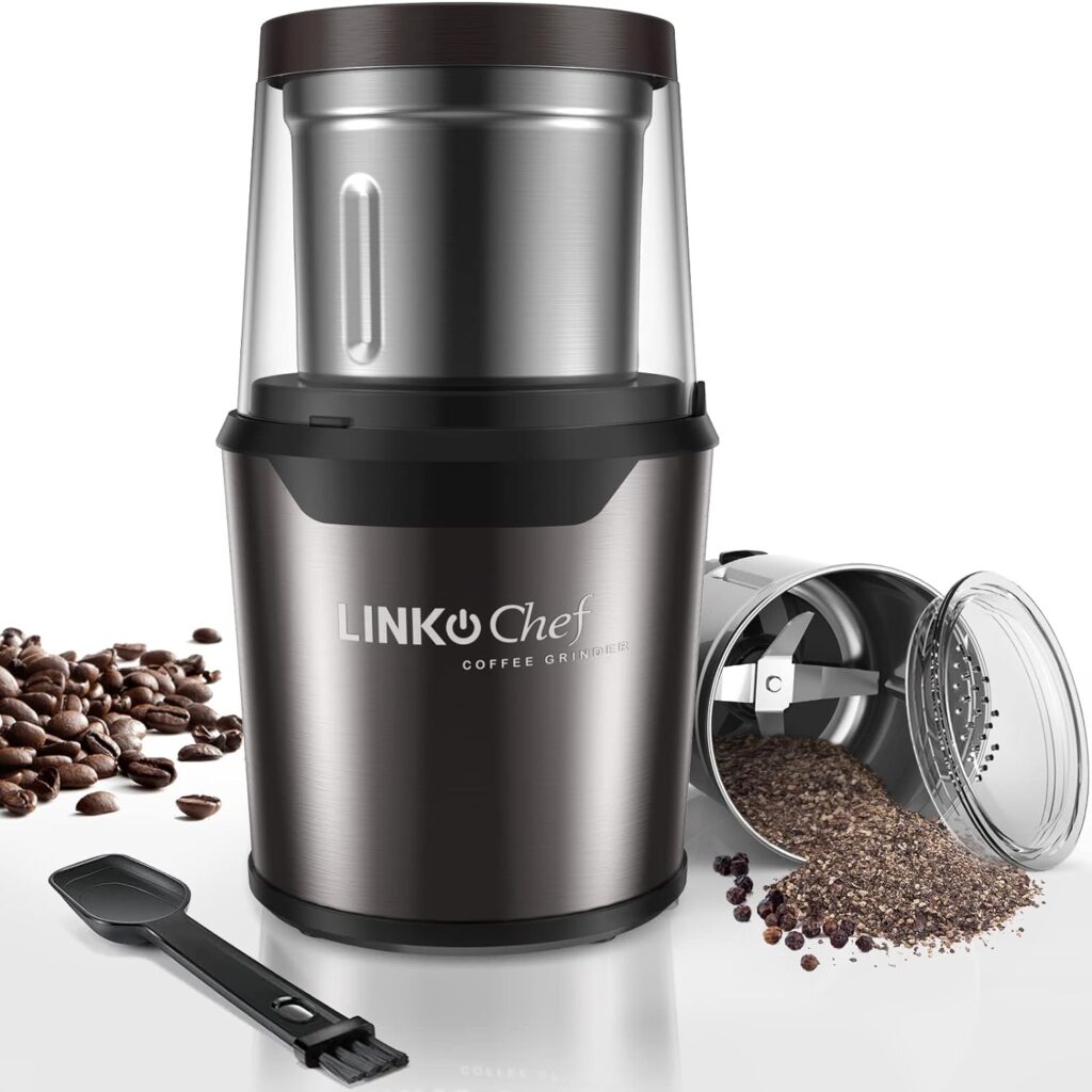 Coffee Grinder with Brush, LINKChef 200W Spice Grinder with Stainless Steel Blade for Seed Bean Nut Herb Pepper  Grain, Lid Activated Safety Switch, Brown, CG-8420