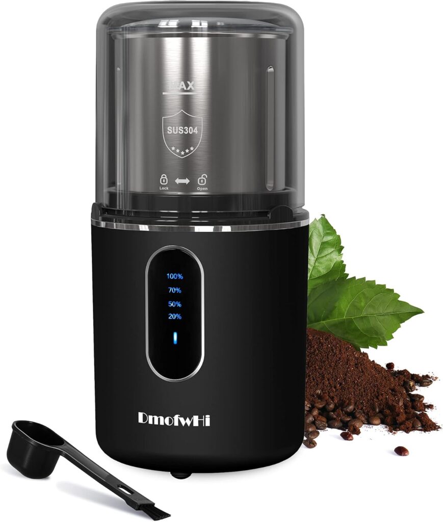 Cordless Coffee Grinder Electric, DmofwHi USB Rechargeable Coffee Bean Grinder with 304 Stainless Steel Blade and Removable Bowl-Black