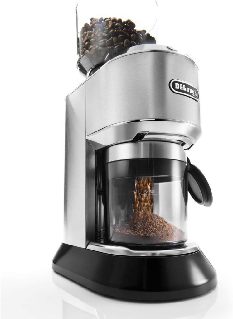 DeLonghi Dedica Conical Burr Grinder with Portafilter Attachment, 6.9 x 11.2 x 18.1 inches, Silver