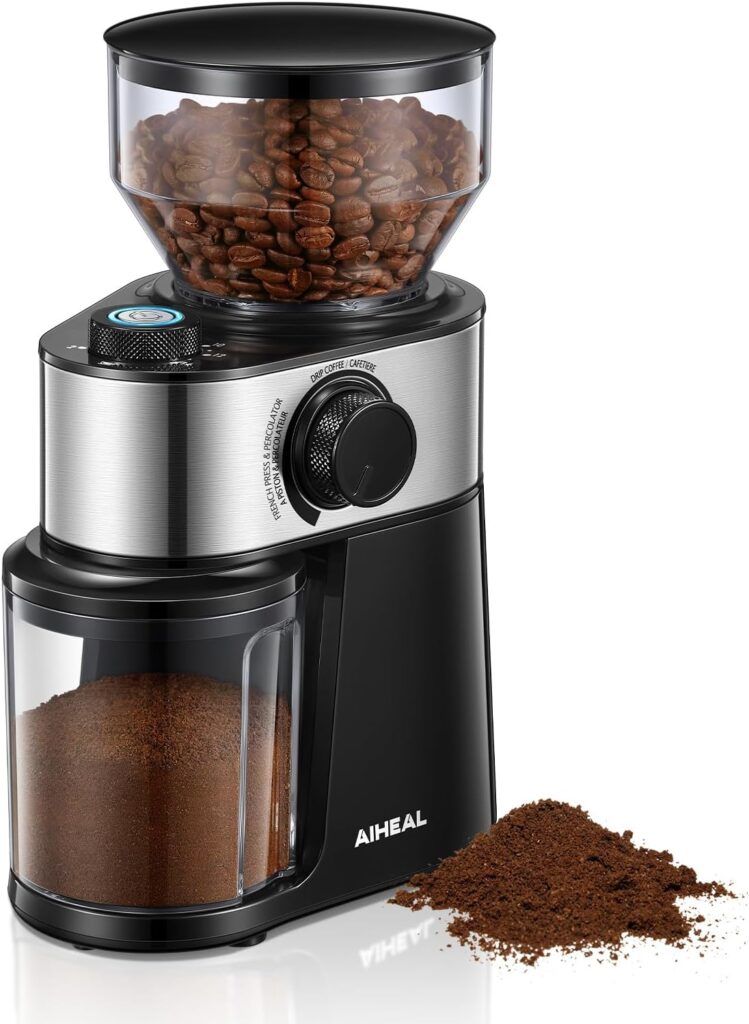 Electric Burr Coffee Grinder with 2-14 Cup Capacity, Aiheal Adjustable Burr Mill Coffee Bean Grinder with 18 Grind Settings for Espresso Drip Coffee and French Press, Black