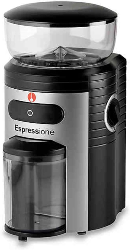 Espressione Professional Conical Burr Coffee Grinder, Black/Silver, 8.5-Oz.