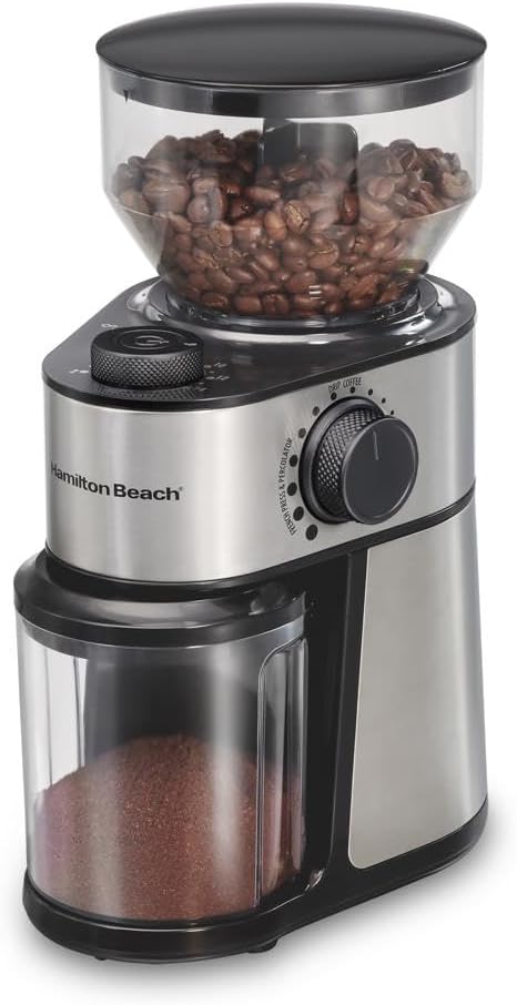 Hamilton Beach Electric Burr Coffee Grinder with Large 16oz Hopper  18 Settings For 2-14 Cups, Stainless Steel (80385)