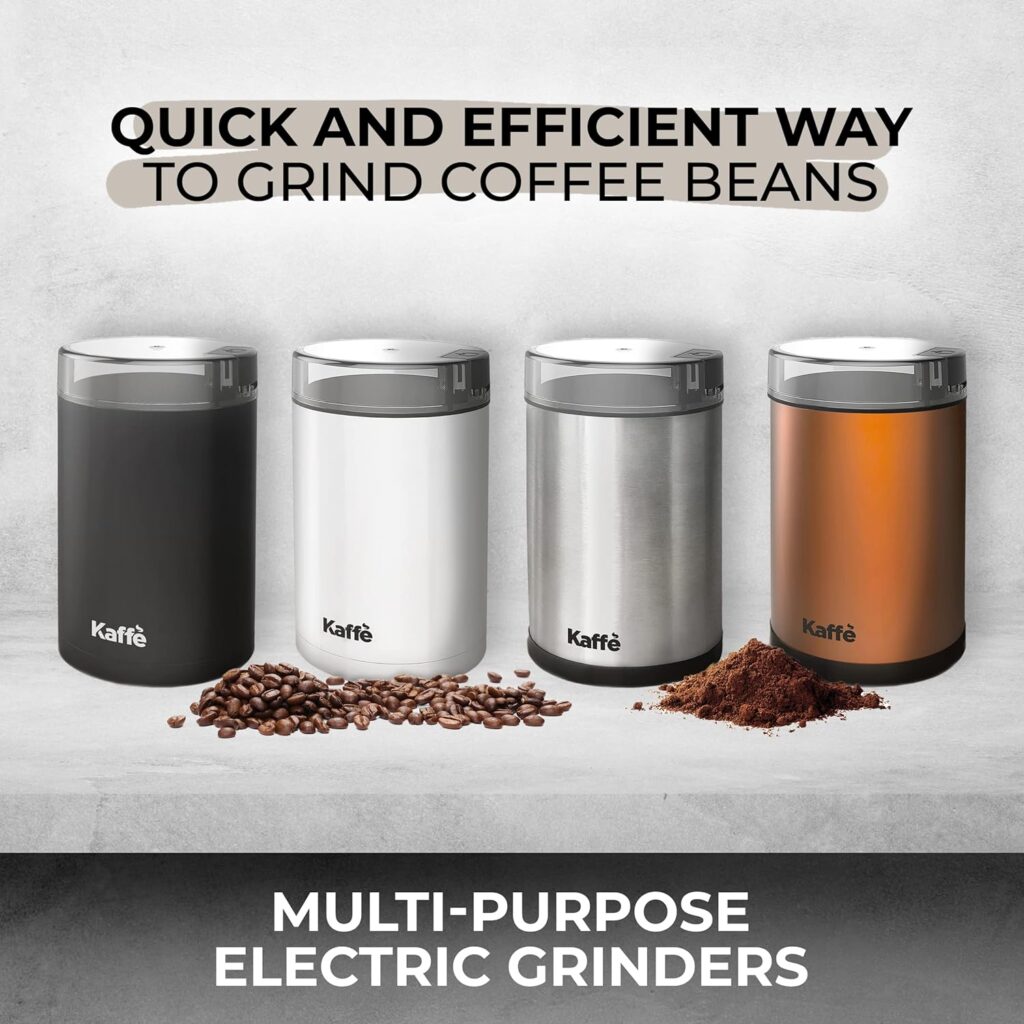 Kaffe Burr Coffee Grinder Electric w/Adjustable Settings for Precision Coffee Bean Grinding (5.5oz Capacity) Cleaning Brush Included. Powerful Motor. Copper)