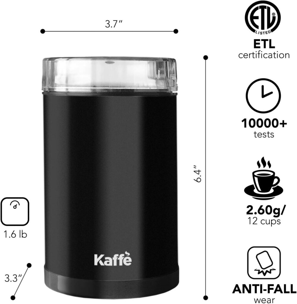 Kaffe Electric Coffee Bean Grinder w/Cleaning Brush. Easy On/Off Operation for Espresso, Cold Brew, Herbs, Spices, Nuts. (14 Cup / 3.5oz) Black