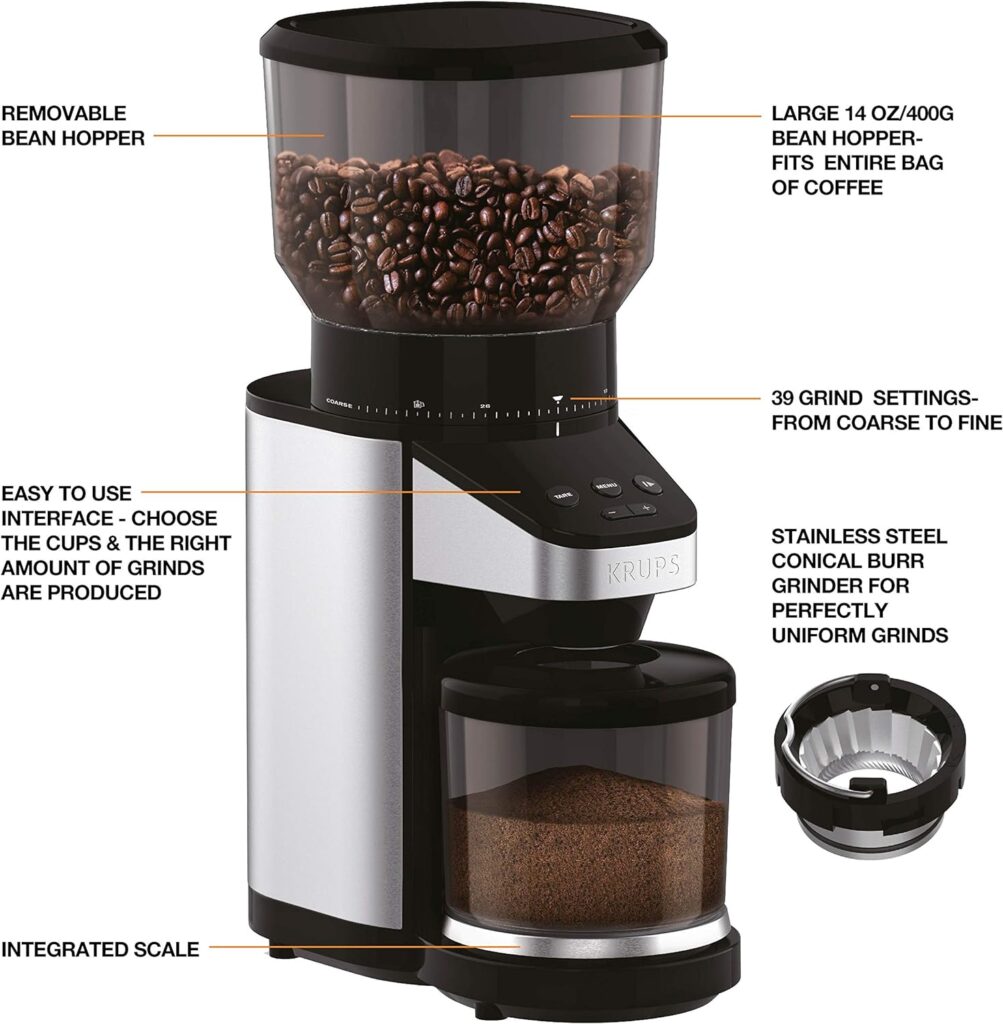 KRUPS GX420851 offee Grinder with Scale, 39 Grind Settings, Large 14 oz Capacity, intuitive Interface, Black