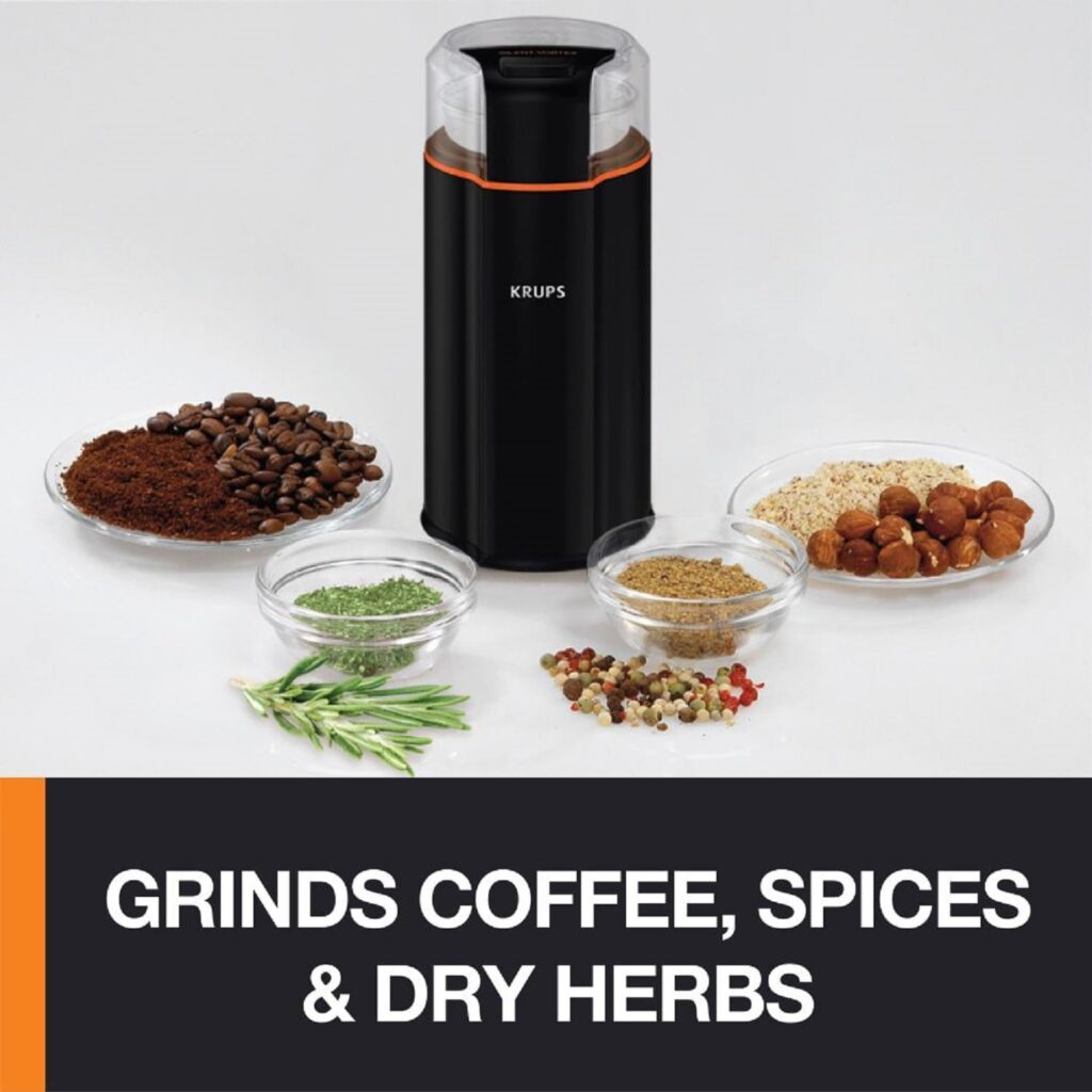 Krups One-Touch Coffee and Spice Grinder 12 Cup Easy to Use, One Touch Operation 200 Watts Coffee, Spices, Dry Herbs, Nuts Black