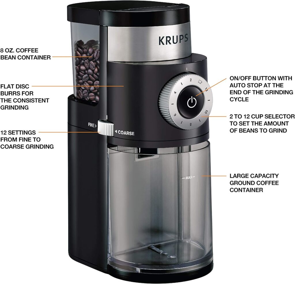 Krups Precision Plastic and Stainless Steel Flat Burr Grinder 12 Cup 110 Watts 12 Grind Settings, Drip, French Press, Espresso, Pour Over, Cold Brew Black