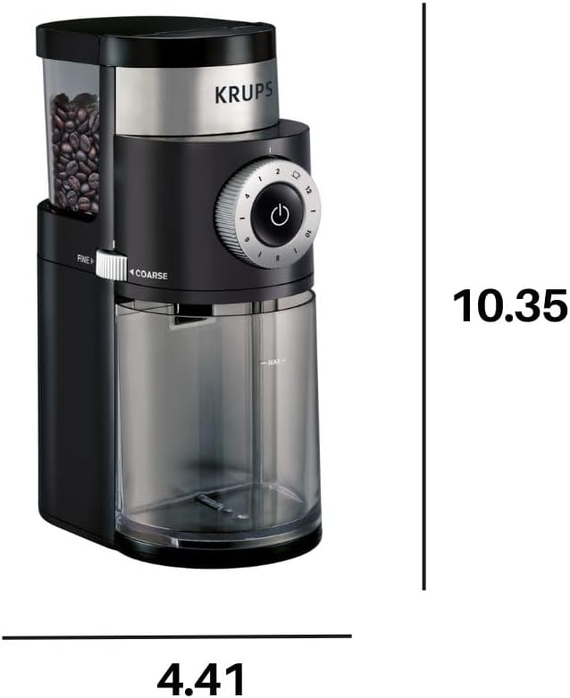 Krups Precision Plastic and Stainless Steel Flat Burr Grinder 12 Cup 110 Watts 12 Grind Settings, Drip, French Press, Espresso, Pour Over, Cold Brew Black