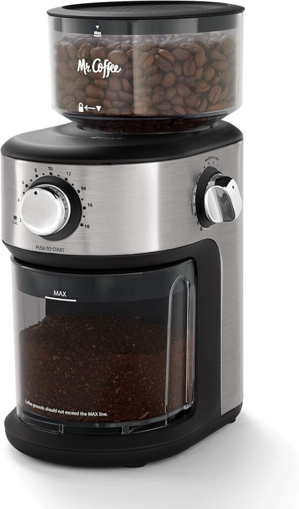 Mr. Coffee Burr Coffee Grinder, Automatic Grinder with 18 Presets for French Press, Drip Coffee, and Espresso, 18-Cup Capacity, Stainless Steel