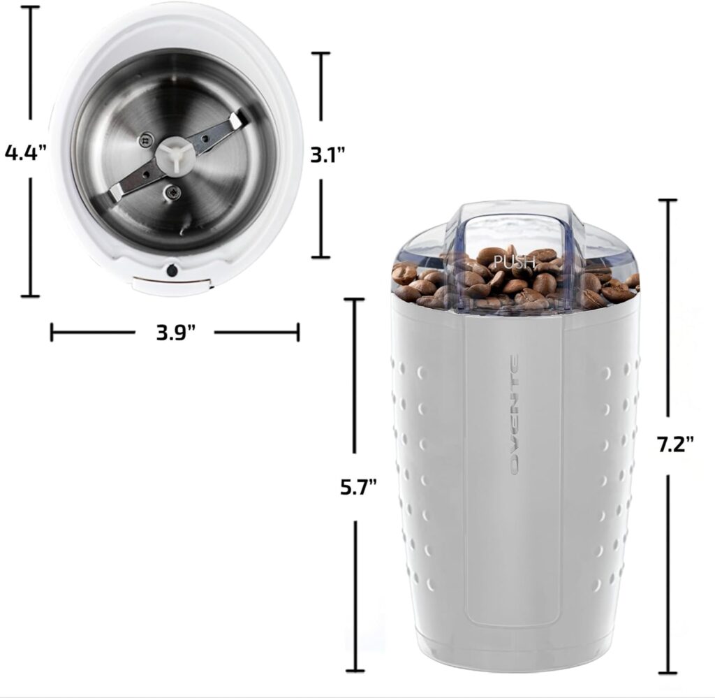 OVENTE Electric Coffee Grinder - Small Portable  Compact Grinding Mill with Stainless Blade for Bean Spices Herb and Tea, Perfect for Home  Kitchen - White CG225W