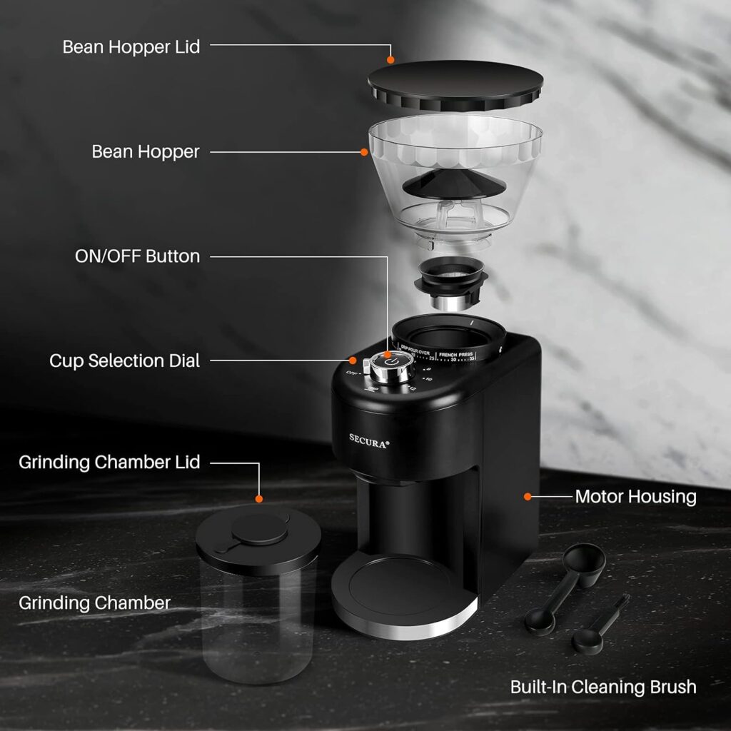 Secura Conical Burr Coffee Grinder, Adjustable Burr Mill with 35 Grind Settings, Electric Coffee Bean Grinder for 2-12 Cups, Black, Large