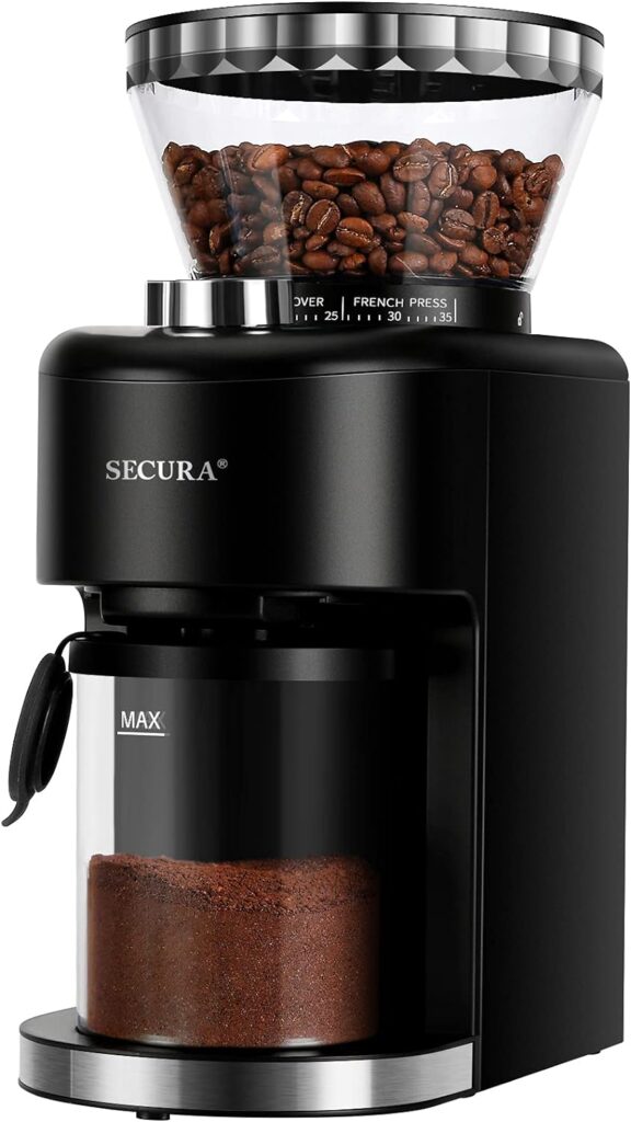 Secura Conical Burr Coffee Grinder, Adjustable Burr Mill with 35 Grind Settings, Electric Coffee Bean Grinder for 2-12 Cups, Black, Large