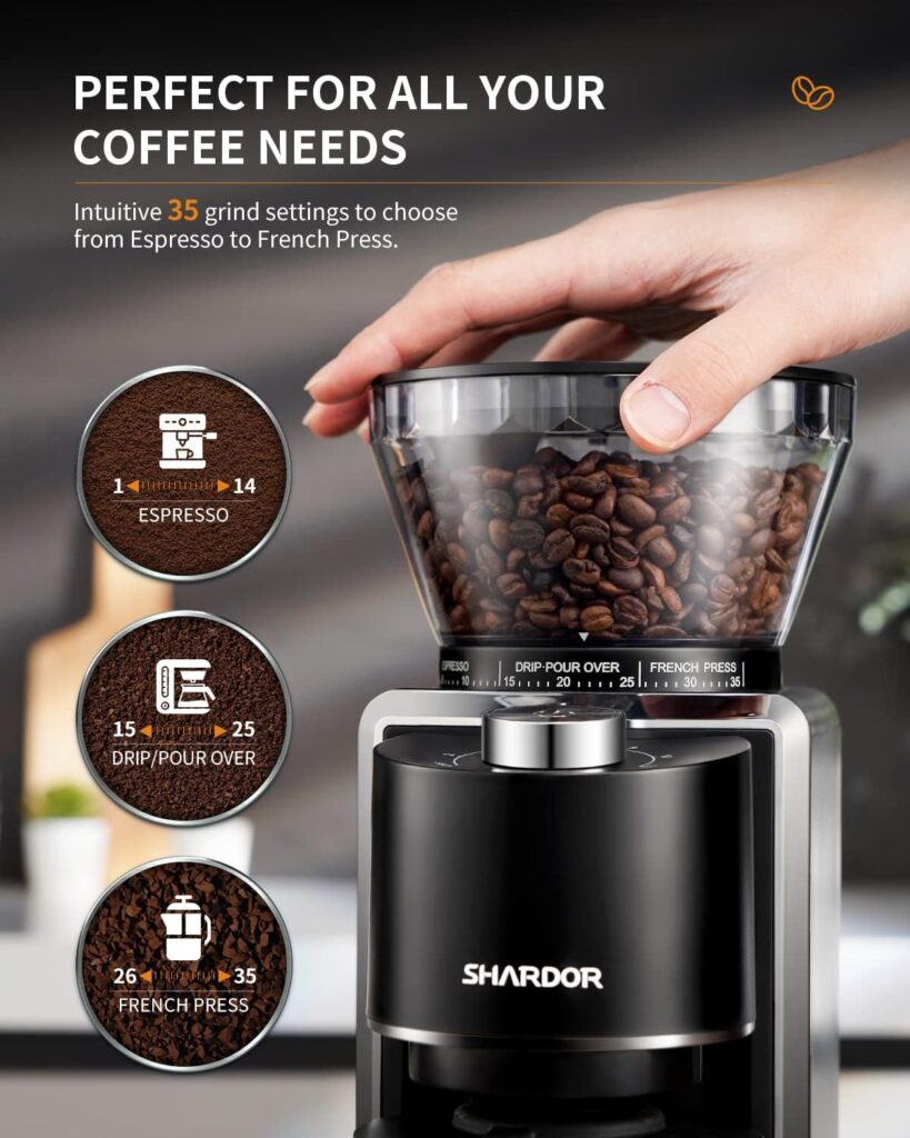 SHARDOR Conical Burr Coffee Grinder, Electric Adjustable Burr Mill with 35 Precise Grind Setting for 2-12 Cup, Black