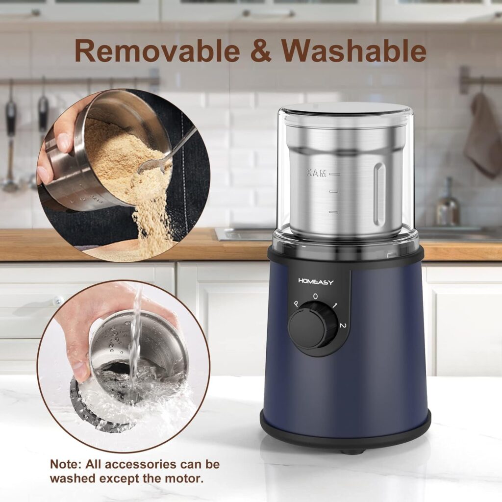 Coffee Grinder Electric, HOMEASY Electric Spice Grinder Coffee Bean Grinder Spice Blender for Coffee Bean Nuts Spice with 304 Stainless Steel Blades Removable Bowls, 350W, 110-120V (Navy Blue)