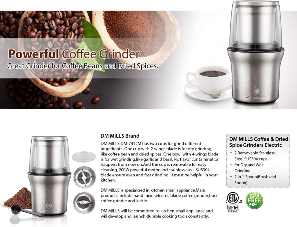 DR MILLS DM-7412M Electric Spice Grinder and Coffee Grinder, Grinder and chopper,detachable cup, diswash free, Blade  cup made with SUS304 stianlees steel