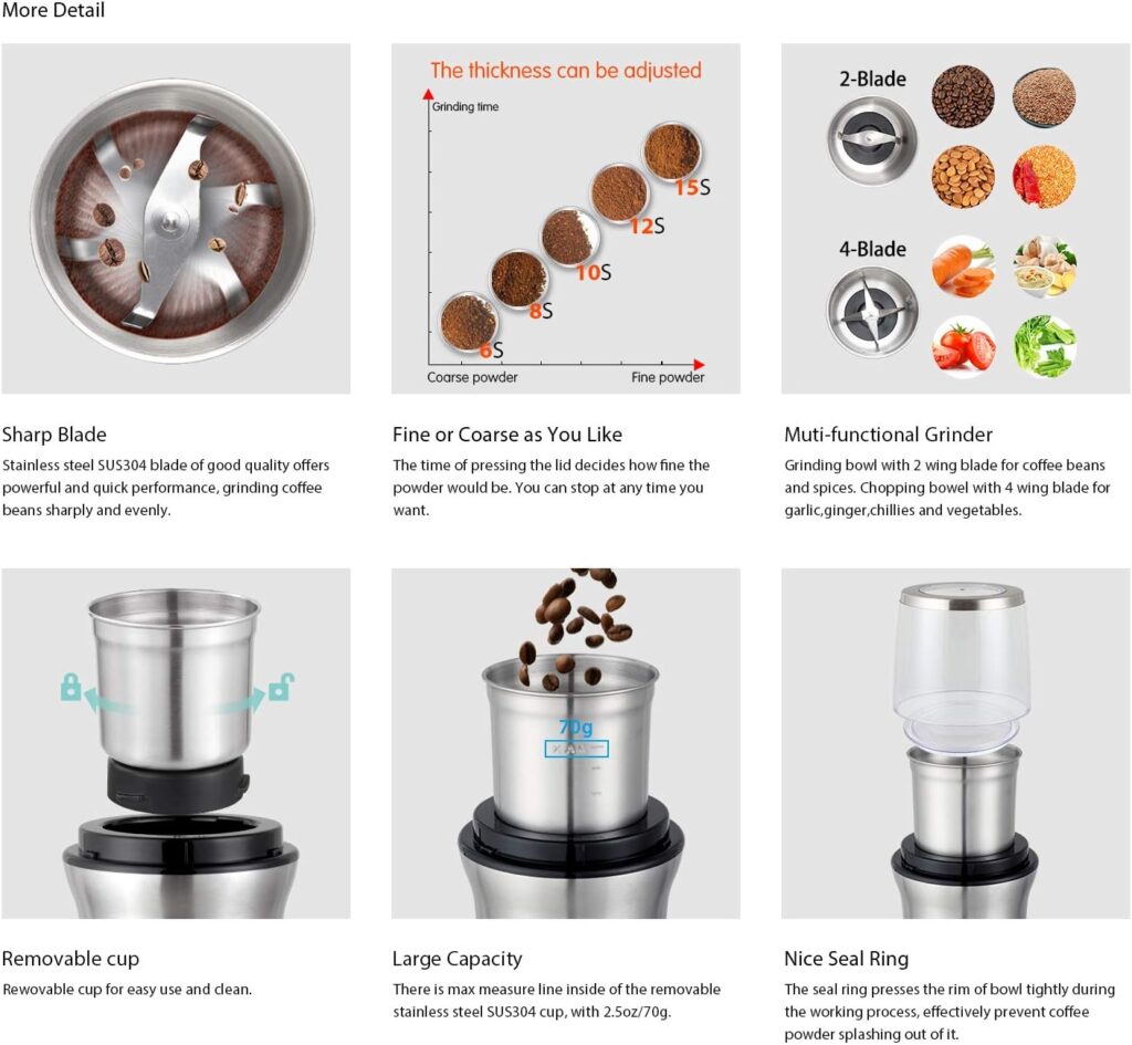 DR MILLS DM-7412M Electric Spice Grinder and Coffee Grinder, Grinder and chopper,detachable cup, diswash free, Blade  cup made with SUS304 stianlees steel