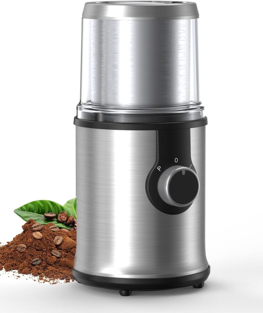 Electric Coffee Grinder with 1 Removable Cup, Adjustable Coffee Bean Grinder for Beans, Spice, Herb, Nut, Flax Seed, 300W Powerful Electric Spice Grinder with Non-Slip Feet, Clear Lid, Stainless Steel