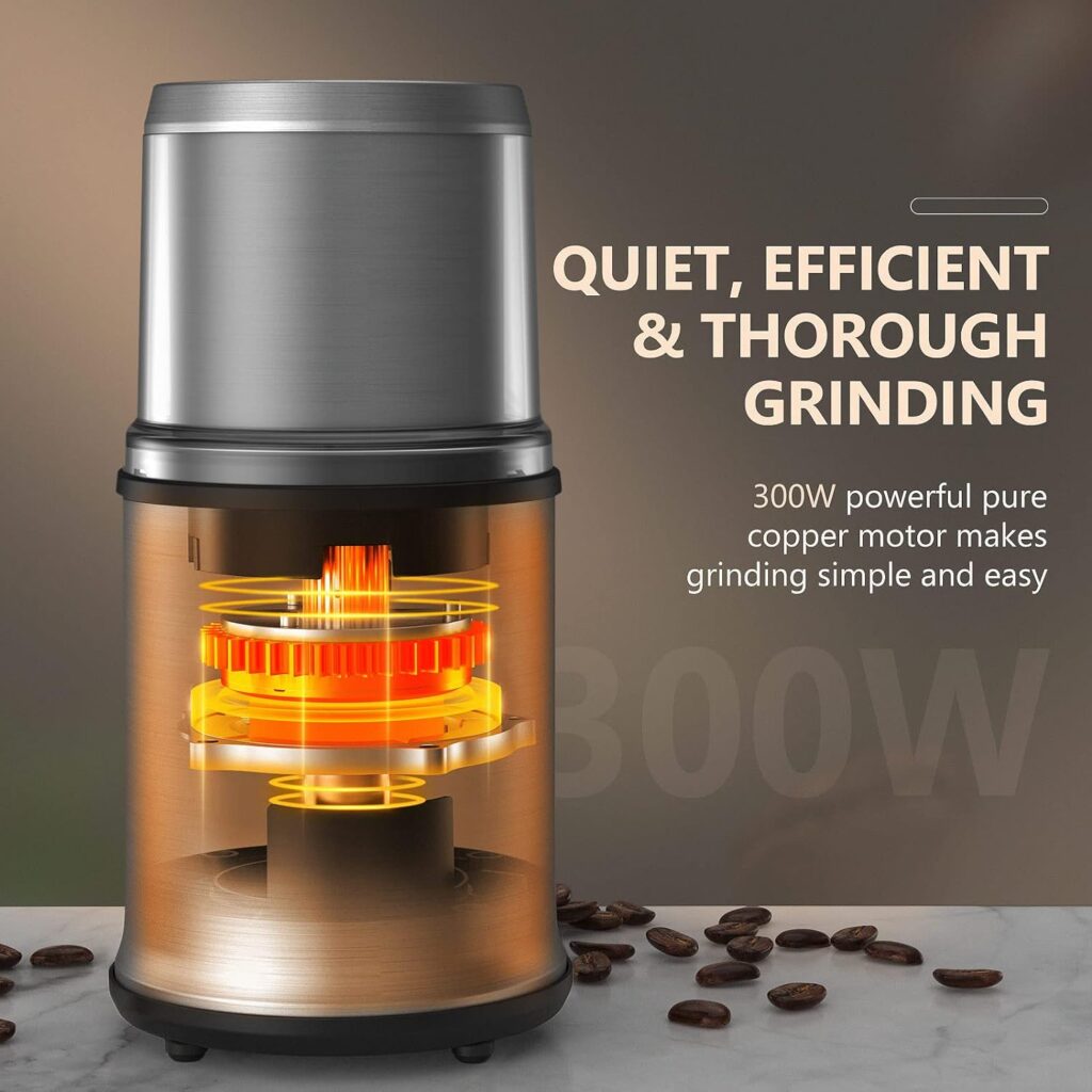 Electric Coffee Grinder with 1 Removable Cup, Adjustable Coffee Bean Grinder for Beans, Spice, Herb, Nut, Flax Seed, 300W Powerful Electric Spice Grinder with Non-Slip Feet, Clear Lid, Stainless Steel