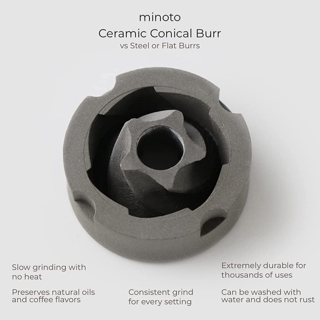 Minoto Electric Ceramic Conical Burr Coffee Grinder - 5 Adjustable Grind Settings - Whole Bean Mill for Aeropress, Drip Coffee, Espresso, French Press, Cold Brew - Portable  Travel Friendly