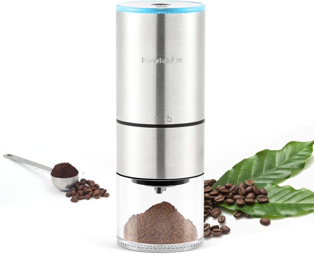 NewlukPro Coffee Grinder Electric, Portable Mini Conical Burr Mill, Stainless Steel Compact Cafe Grind with Precise Adjustable Settings,Automatic Coffee Bean Grinding for Drip Espresso PourOver