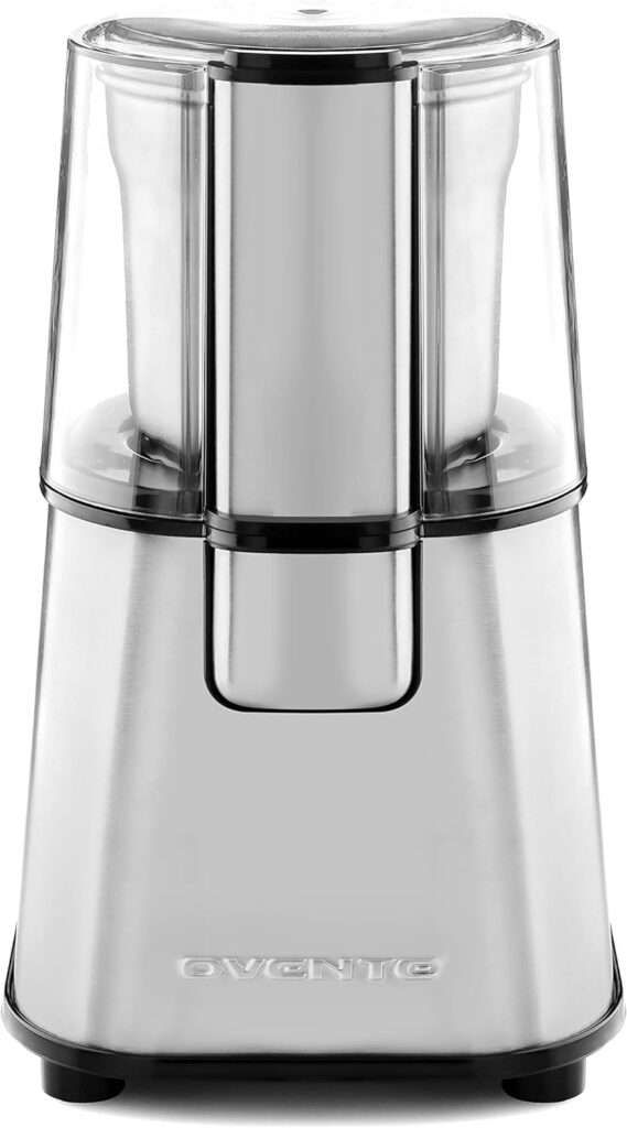 OVENTE Electric Coffee Grinder 2.1 Ounce Cup Fresh Grind with 2 Blade Stainless Steel Grinding Bowl, Fast Grinding with 200 Watt Powered Motor Perfect for Beans, Spices, Nuts, Silver CG620S