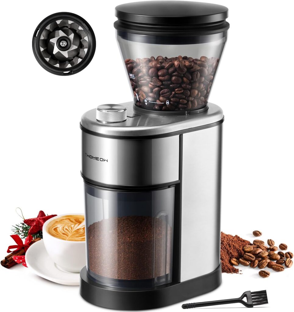 TWOMEOW Conical Burr Coffee Grinder, Stainless Steel Coffee Grinder Electric with 15 Precise Grind Settings for Espresso/Pour Over/Moka Pot/French Press/Cold Brew, Compact Design