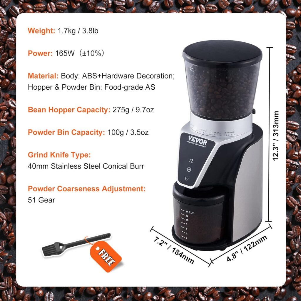 VEVOR Conical Burr Coffee Grinder 51 Precise, Coffee Grinder with LED Screen  Anti-static Device, Adjustable Burr Grinder for 1-14 Cups or 1-56 Seconds