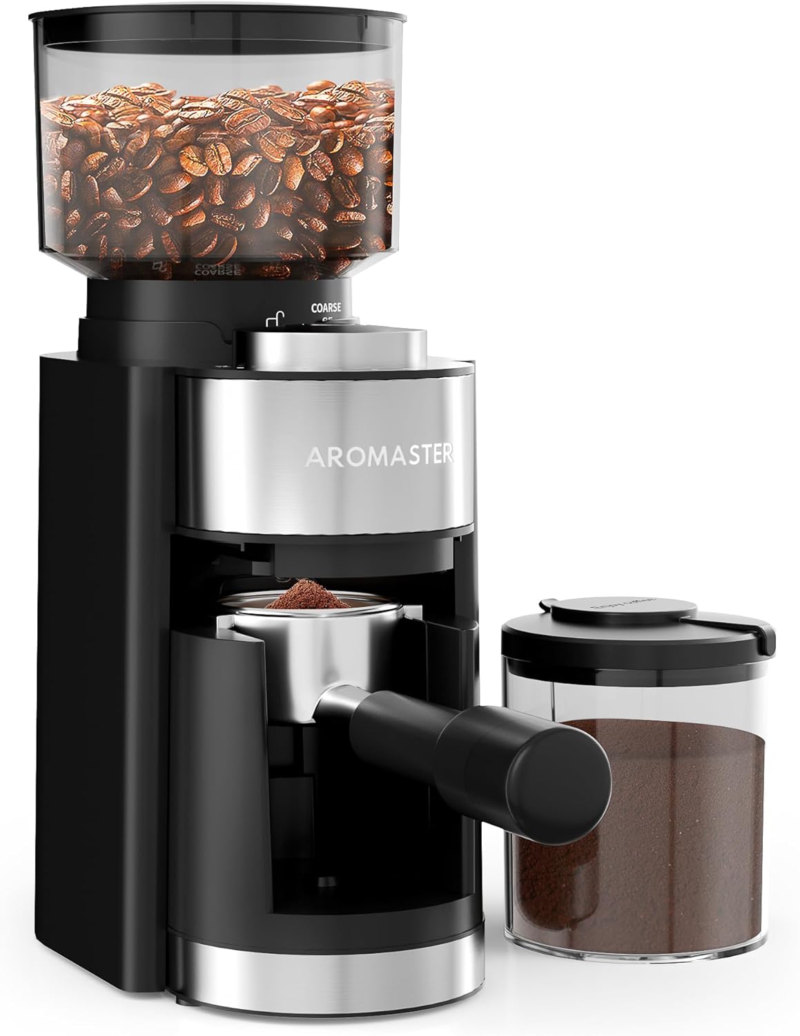 Aromaster Burr Coffee Grinder, Coffee Bean Grinder with 25 Grind Setting, Espresso Grinder with 51-53mm Portafilter Holder, 2-12 Cups Timer, Conical Coffee Grinders for Home Use/Pour Over/French Press